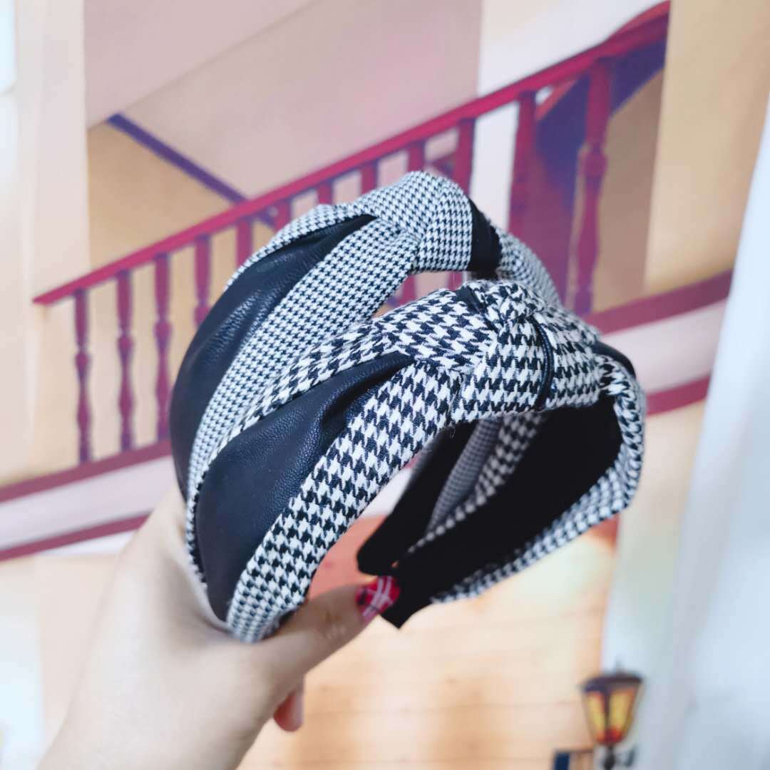 Wholesale Wide-brimmed Houndstooth Leather Knotted Headband